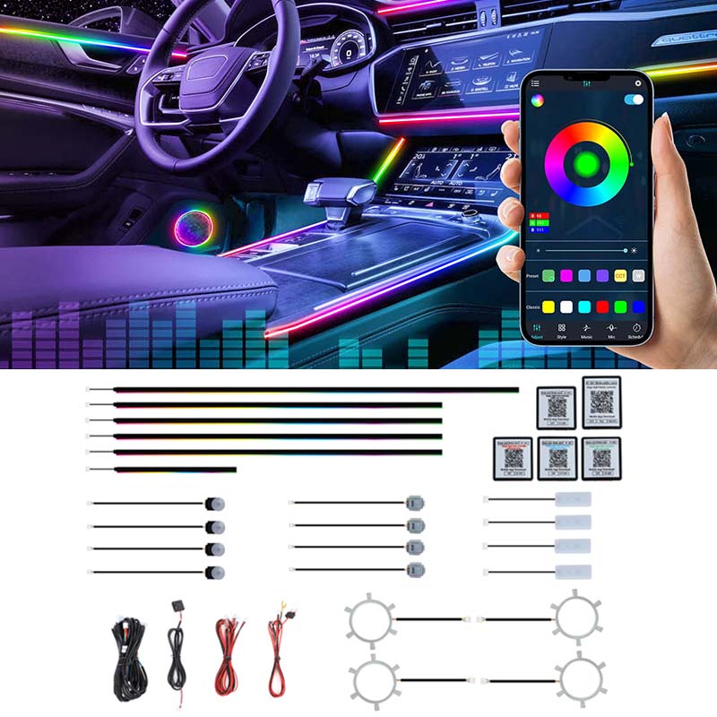 Led Interior Ambient Light - 22 in 1 ドリームカラーRGBダイナミックカーインテリアライト ワイヤレスAPP制御 アンビエント雰囲気LEDライトキット