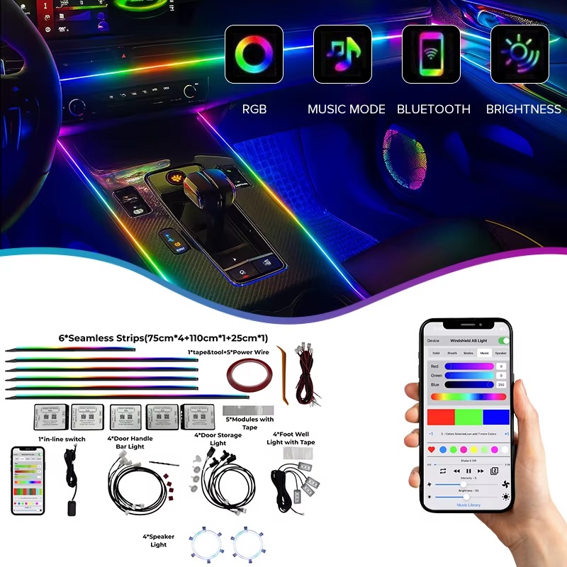 Led Interior Ambient Light - カー用アンビエントライトキット 18種類/10種類/6種類のLEDライト、車内用LEDストリップライト、RGB対応、98%の車種に適合