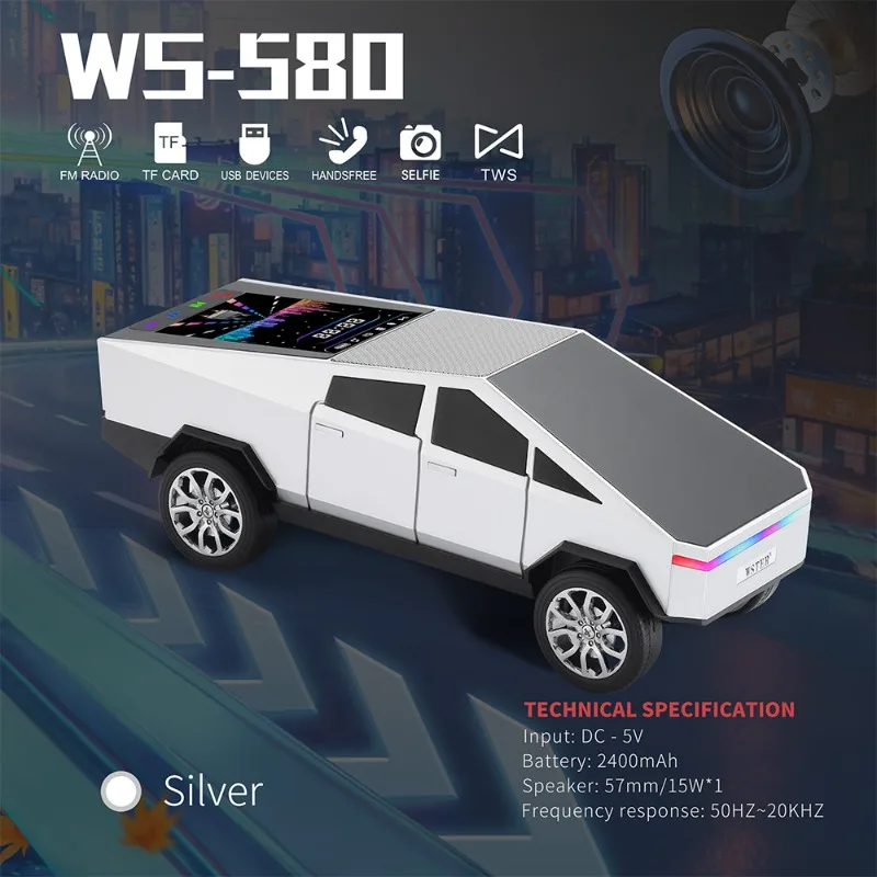 Car Accessories Amazon - WS-580 ワイヤレス Bluetooth スピーカー車の形のディスプレイ画面 HIFI ステレオサラウンドデスクトップコンピュータラジカセ